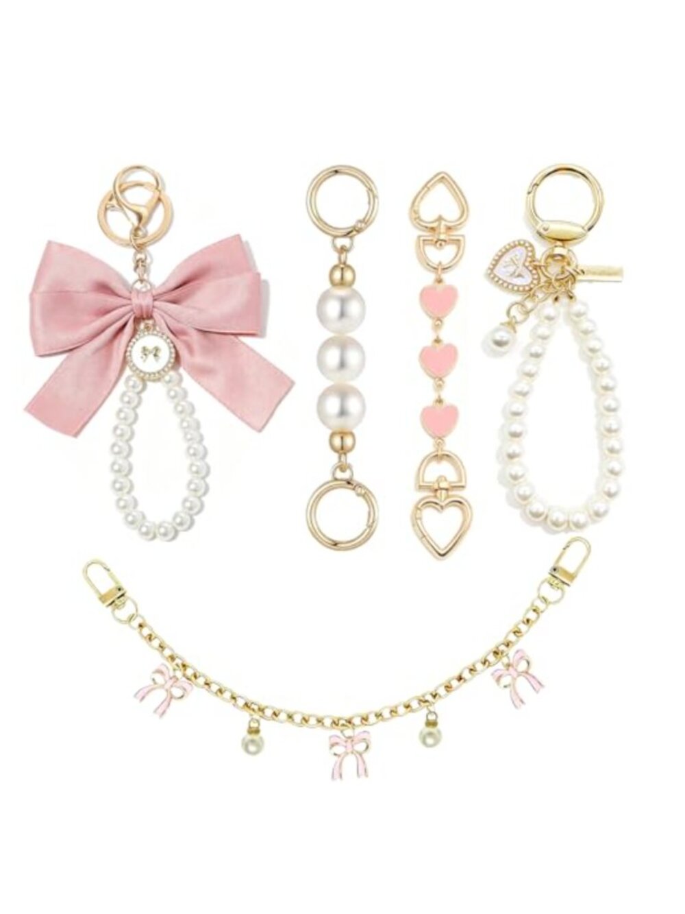 Purse Extender Chain & Bag Charms Set with Pearl Keychain, Bow Keychain, Alloy